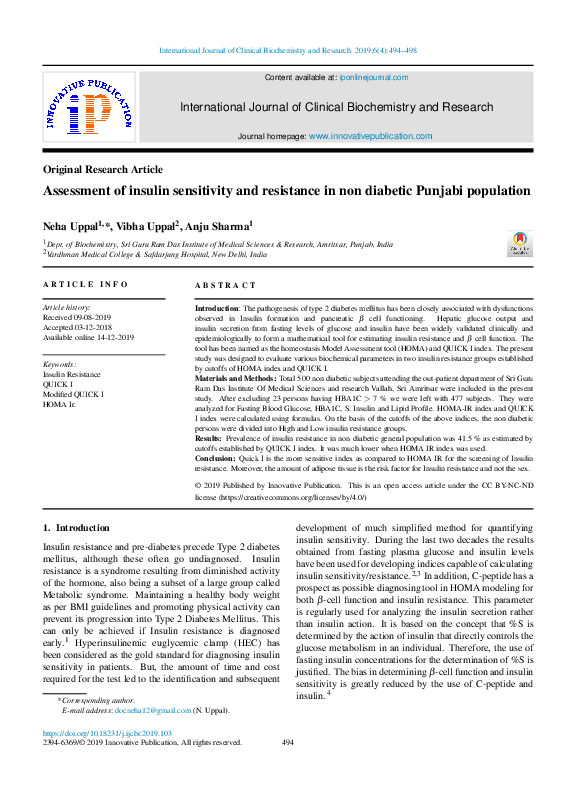 (PDF) Assessment of insulin sensitivity and resistance in non diabetic ...