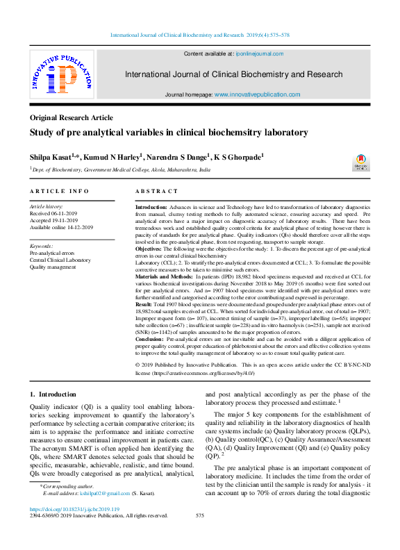 Pdf Study Of Pre Analytical Variables In Clinical Biochemsitry Laboratory Pdf Study Of Pre Analytical Variables In Clinical Biochemsitry Laboratory