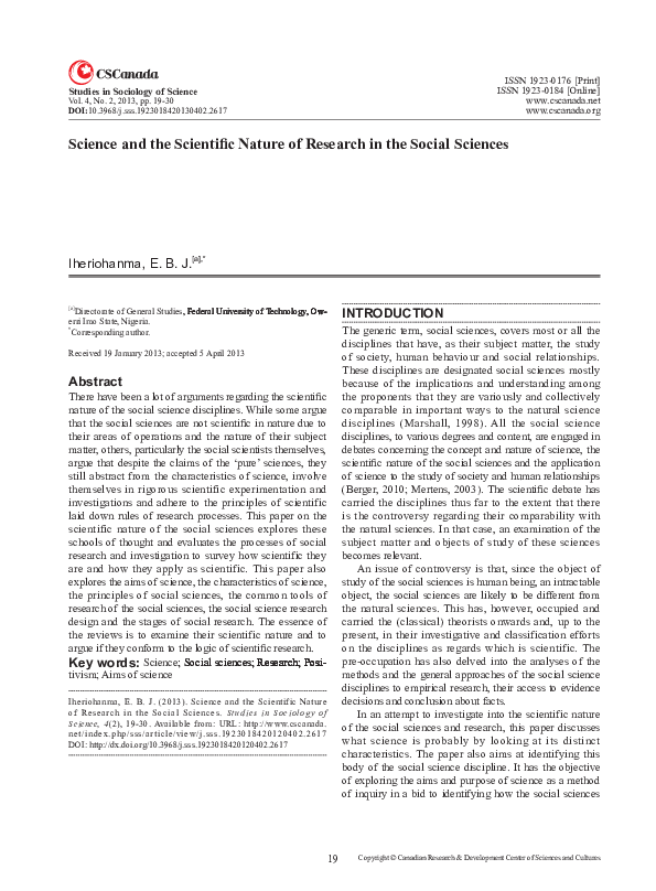 (PDF) Science and the Scientific Nature of Research in the Social Sciences