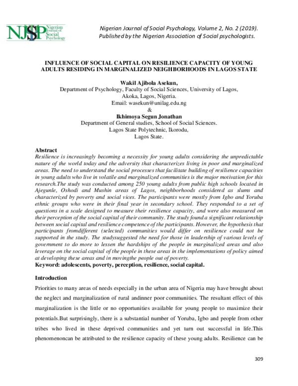 (PDF) INFLUENCE OF SOCIAL CAPITAL ON RESILIENCE CAPACITY OF YOUNG ...