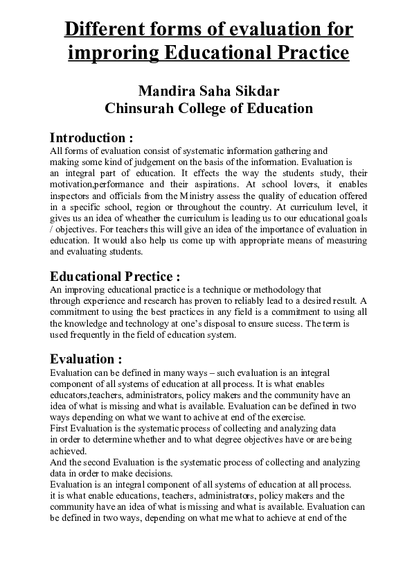 (DOC) Different forms of evaluation for improving Educational Practice