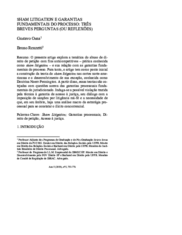 (PDF) Sham Litigation e Garantias Fundamentais do Processo: Três Breves ...