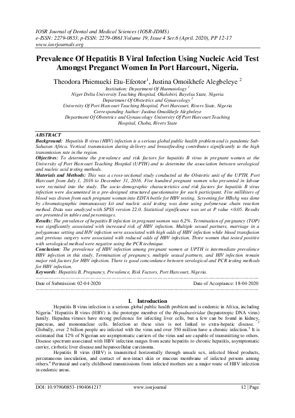 (PDF) Prevalence Of Hepatitis B Viral Infection Using Nucleic Acid Test ...