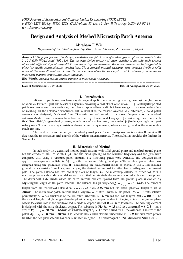 (PDF) Design and Analysis of Meshed Microstrip Patch Antenna