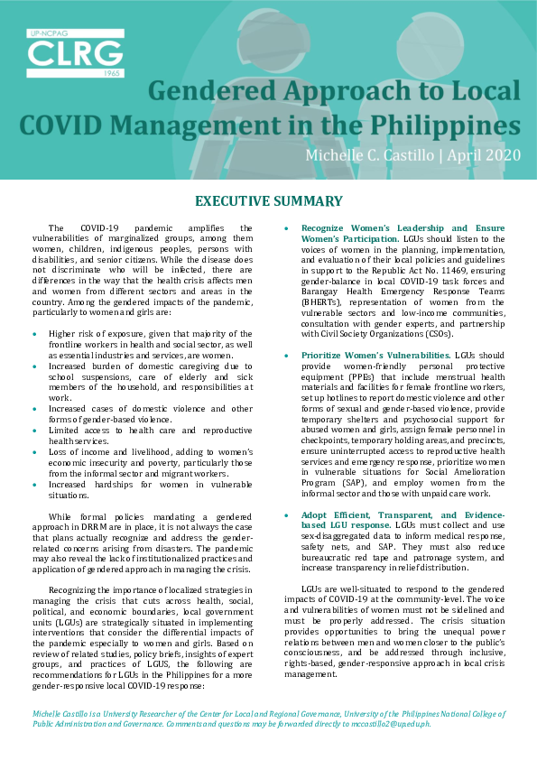 (PDF) Gendered Approach to Local COVID Management in the Philippines
