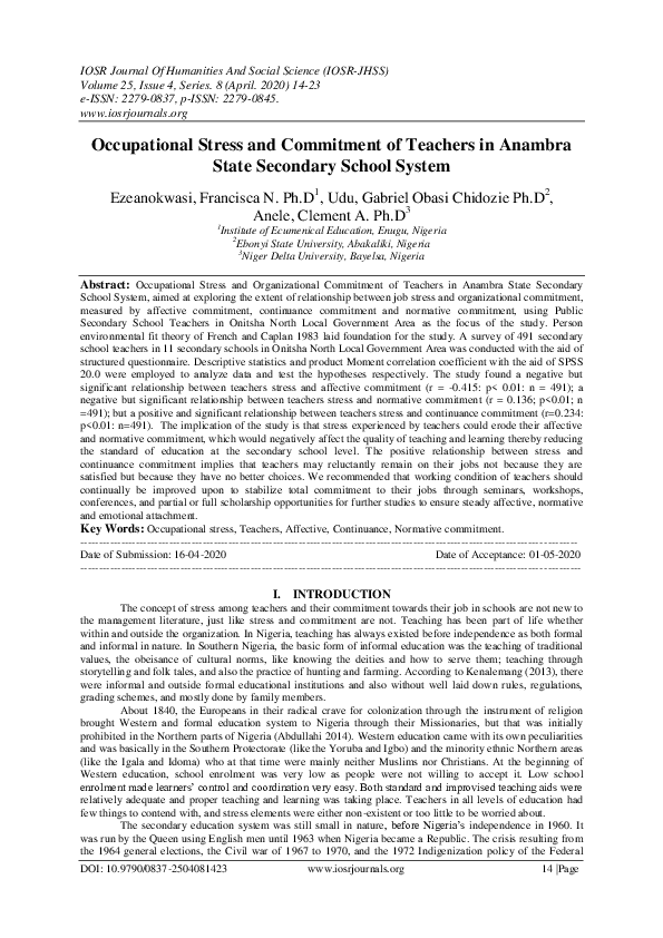 (PDF) Occupational Stress and Commitment of Teachers in Anambra State ...
