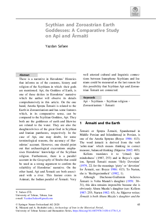 First page of “Safaee, Yazdan. 2020. Scythian and Zoroastrian Earth Goddesses: A Comparative Study on Api and Ārmaiti. In: Kamal-Aldin Niknami & Ali Hozhabri (eds.), Archaeology of Iran in the Historical Period. pp. 65-75.”