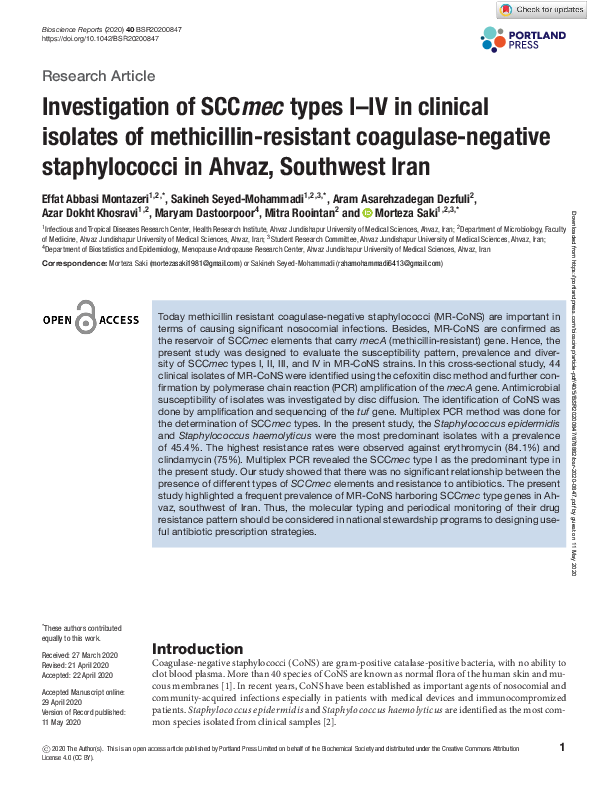 (PDF) Investigation of SCCmec types I–IV in clinical isolates of ...
