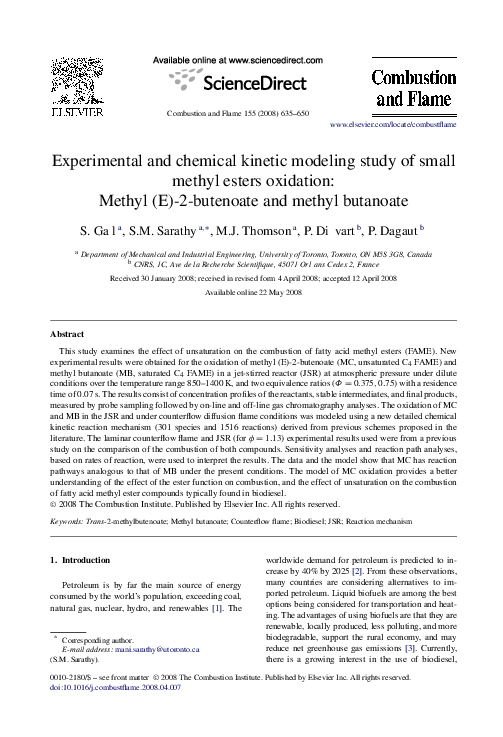 (PDF) Experimental and chemical kinetic modeling study of small methyl ...