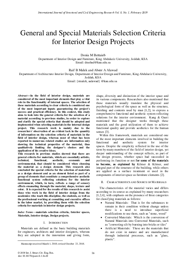 (PDF) General and Special Materials Selection Criteria for Interior ...