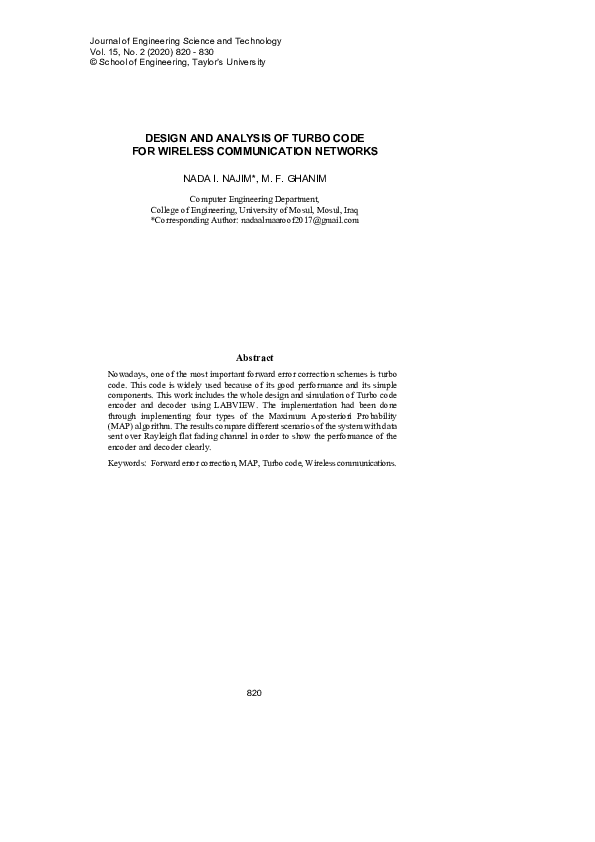 (PDF) DESIGN AND ANALYSIS OF TURBO CODE FOR WIRELESS COMMUNICATION NETWORKS