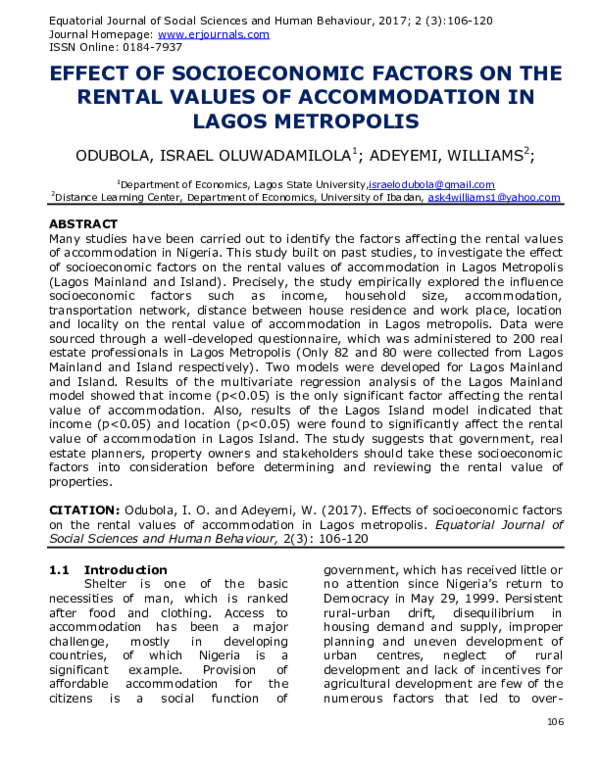 (PDF) EFFECT OF SOCIOECONOMIC FACTORS ON THE RENTAL VALUES OF ...