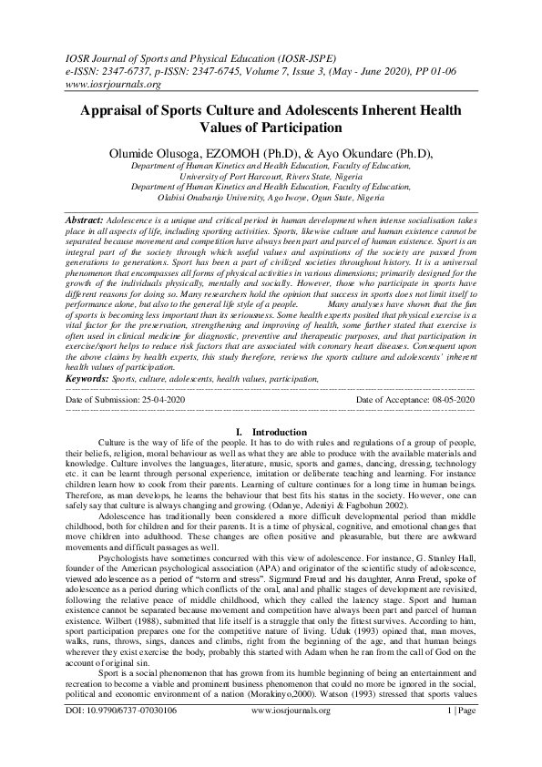 (PDF) Appraisal of Sports Culture and Adolescents Inherent Health ...