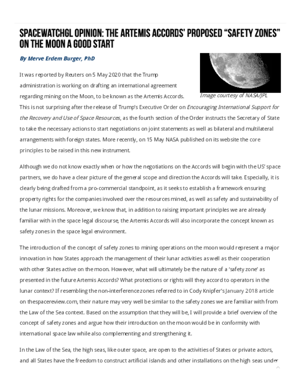 (PDF) SpaceWatchGL Opinion The Artemis Accords' Proposed “Safety Zones