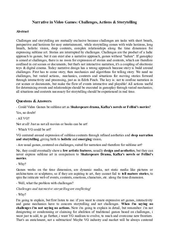 (PDF) Narrative in Video Games: Challenges Action and Storytelling