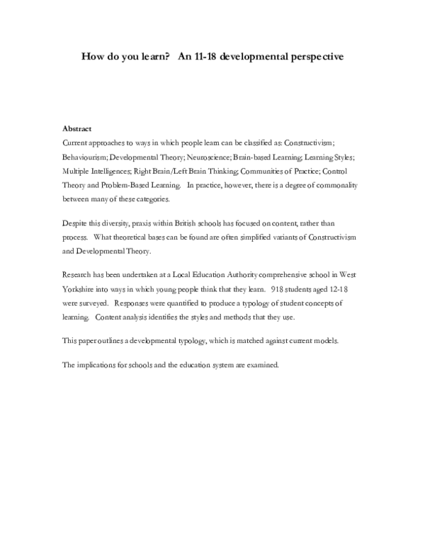 (PDF) How do you learn? An 11-18 developmental perspective