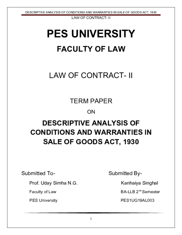 (DOC) Conditions and warranties in Sale of Goods Act, 1930 Kanhaiya