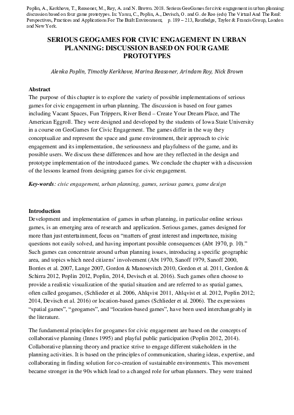 (PDF) SERIOUS GEOGAMES FOR CIVIC ENGAGEMENT IN URBAN PLANNING ...