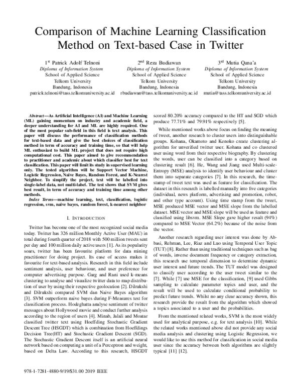(PDF) Comparison of Machine Learning Classification Method on Text ...