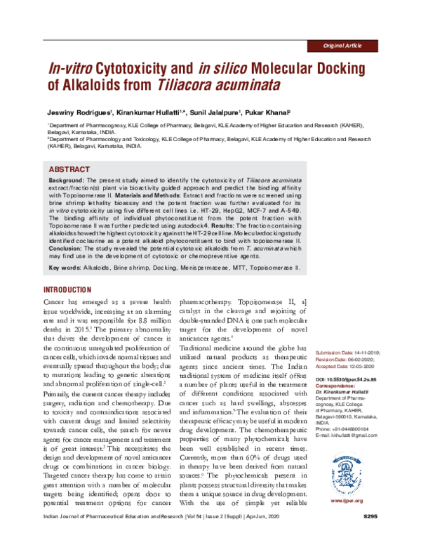(PDF) In-vitro Cytotoxicity and in silico Molecular Docking of ...