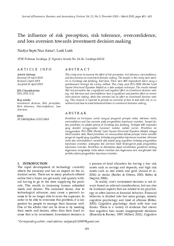 (PDF) The influence of risk perception, risk tolerance, overconfidence ...