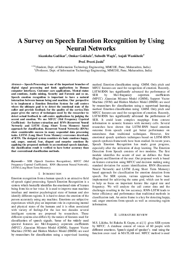(PDF) A Survey on Speech Emotion Recognition by Using Neural Networks