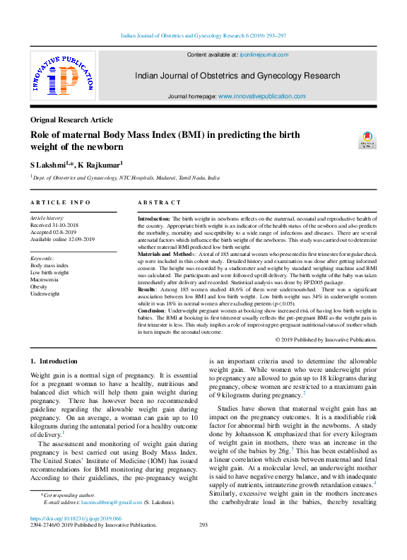 (PDF) Role of maternal Body Mass Index (BMI) in predicting the birth ...