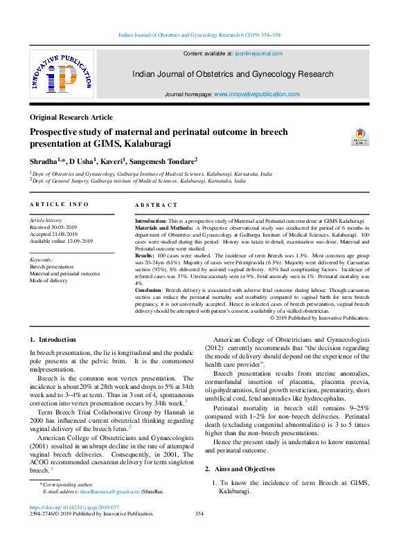 (PDF) Prospective study of maternal and perinatal outcome in breech ...