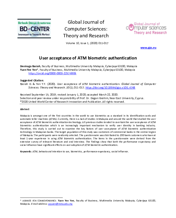 (PDF) User acceptance of ATM biometric authentication