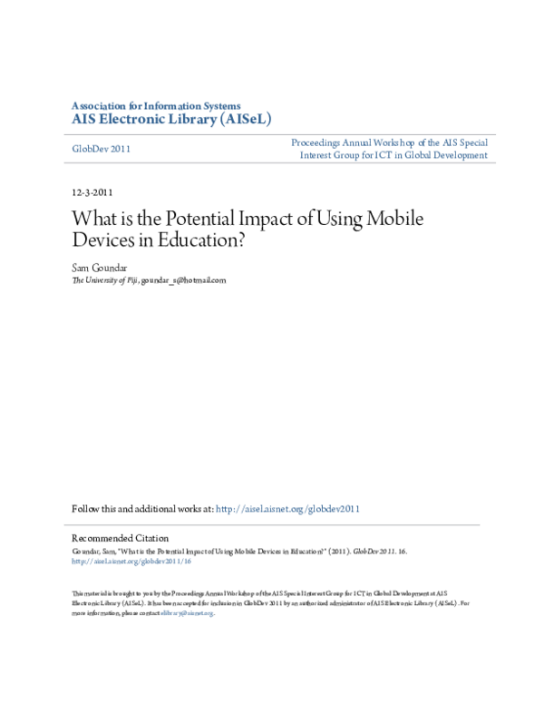 (PDF) What is the Potential Impact of Using Mobile Devices in Education?