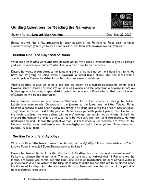 (DOC) Ramayana Guide Questions