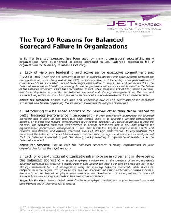 (DOC) The Top 10 Reasons for Balanced Scorecard Failure in Organizations