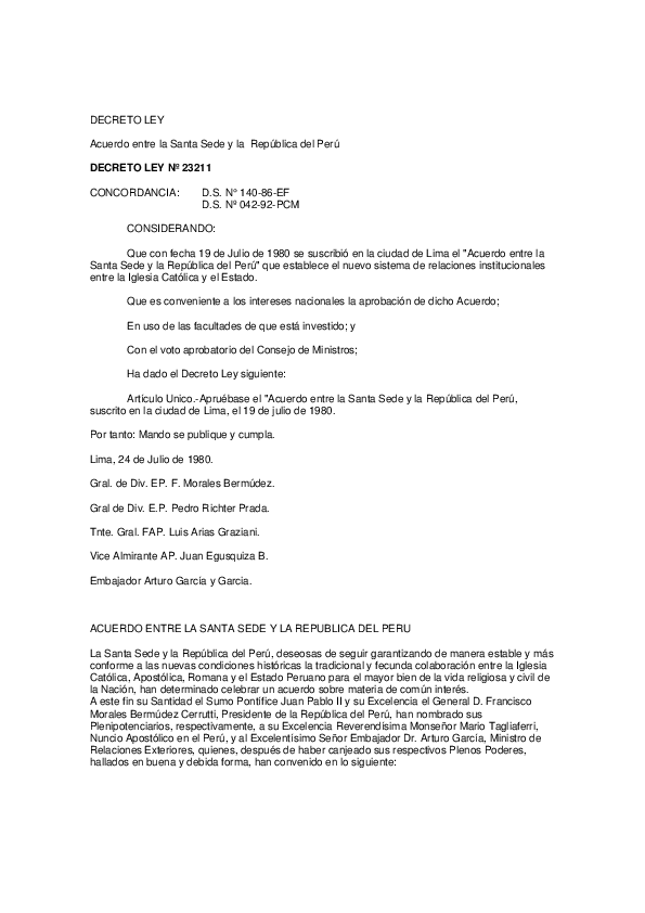 (PDF) DECRETO LEY Acuerdo entre la Santa Sede y la República del Perú