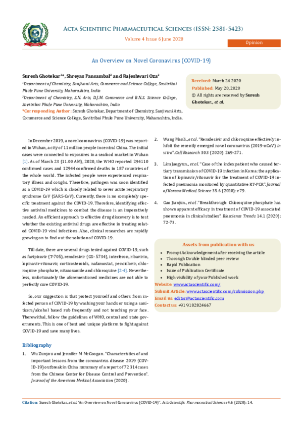 (PDF) An Overview on Novel Coronavirus (COVID-19)