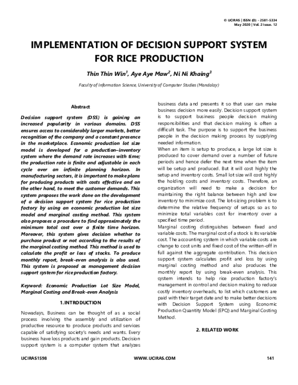 (PDF) IMPLEMENTATION OF DECISION SUPPORT SYSTEM FOR RICE PRODUCTION