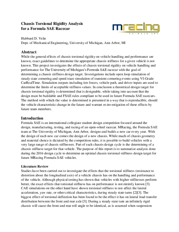 (PDF) Chassis Torsional Rigidity Analysis for a Formula SAE Racecar Basudev Guha Academia.edu