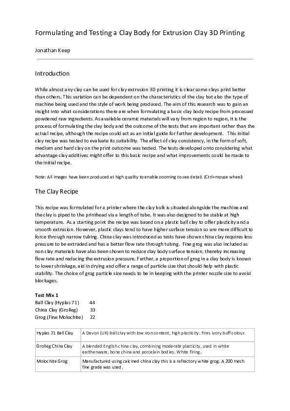 (PDF) Formulating and Testing a Clay Body for Extrusion Clay 3D Printing