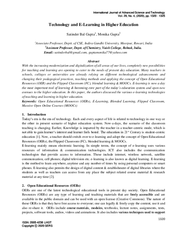 (PDF) Technology and E-Learning in Higher Education