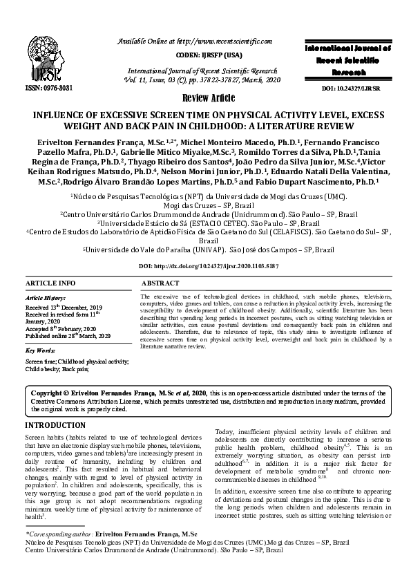 (PDF) INFLUENCE OF EXCESSIVE SCREEN TIME ON PHYSICAL ACTIVITY LEVEL ...
