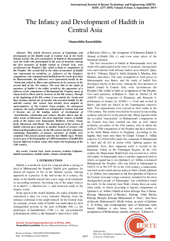 (PDF) The Infancy and Development of the Hadith Study in Central Asia ...