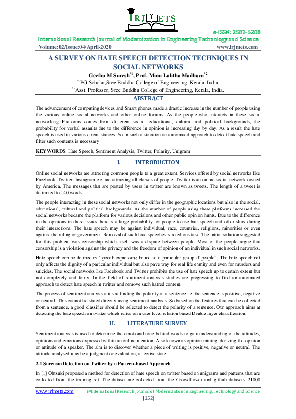 (PDF) A SURVEY ON HATE SPEECH DETECTION TECHNIQUES IN SOCIAL NETWORKS