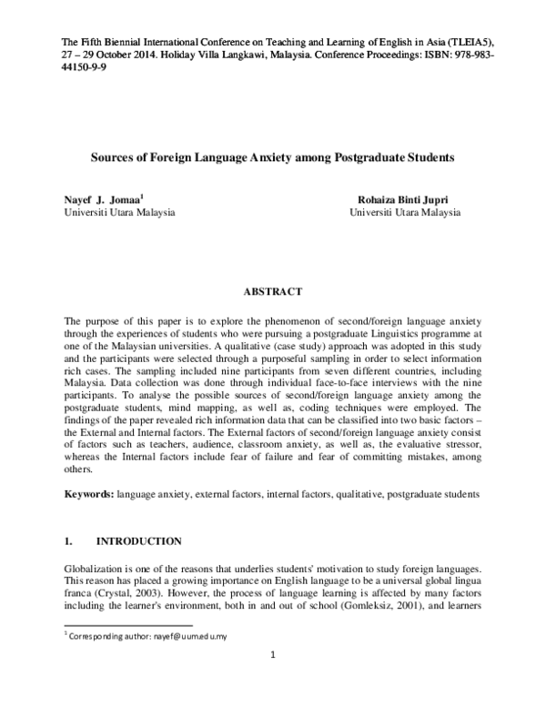 (PDF) Sources of Foreign Language Anxiety among Postgraduate Students