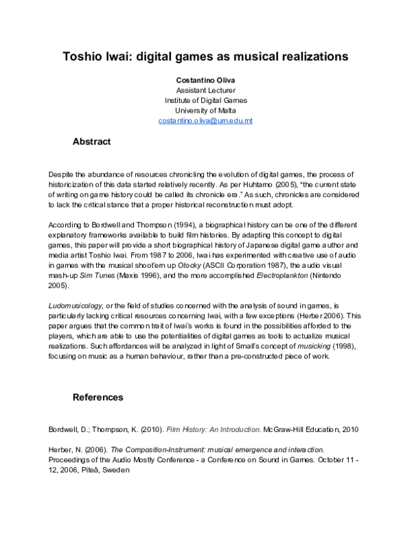(PDF) Toshio Iwai Digital Games as Musical Realizations Costantino