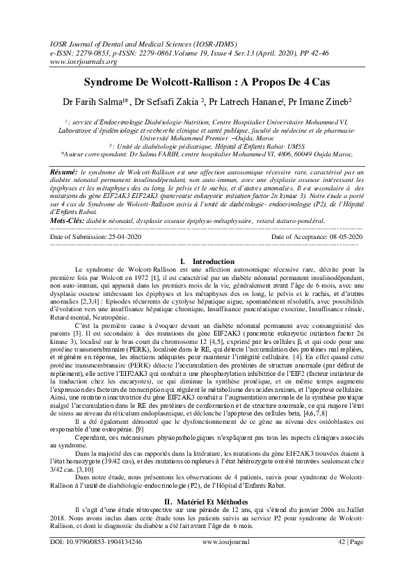 (PDF) Syndrome De Wolcott-Rallison : A Propos De 4 Cas