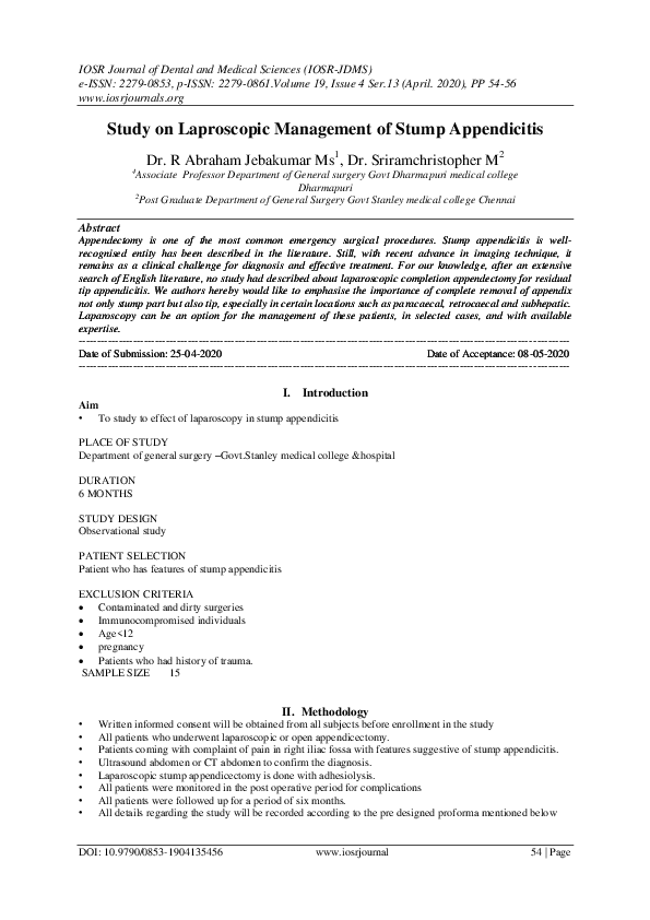 Pdf Study On Laproscopic Management Of Stump Appendicitis