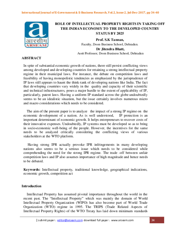 (PDF) ROLE OF INTELLECTUAL PROPERTY RIGHTS IN TAKING OFF THE INDIAN ECONOMY TO THE DEVELOPED