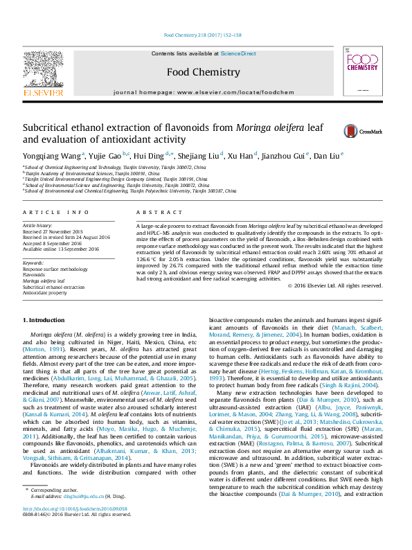 (PDF) Subcritical ethanol extraction of flavonoids from Moringa
