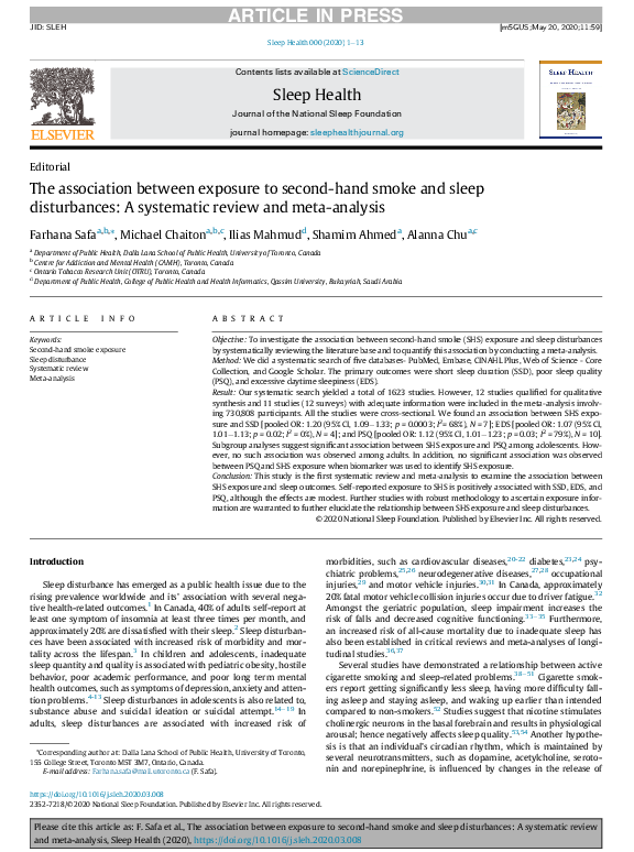 (PDF) The association between exposure to second hand smoke and sleep ...
