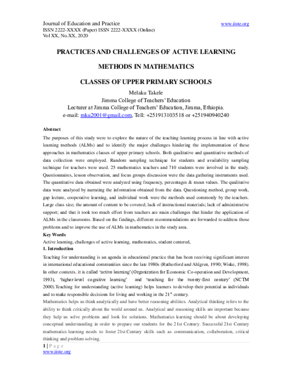 (PDF) PRACTICES AND CHALLENGES OF ACTIVE LEARNING METHODS IN ...