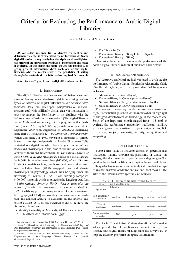 (PDF) Criteria for Evaluating the Performance of Arabic Digital Libraries